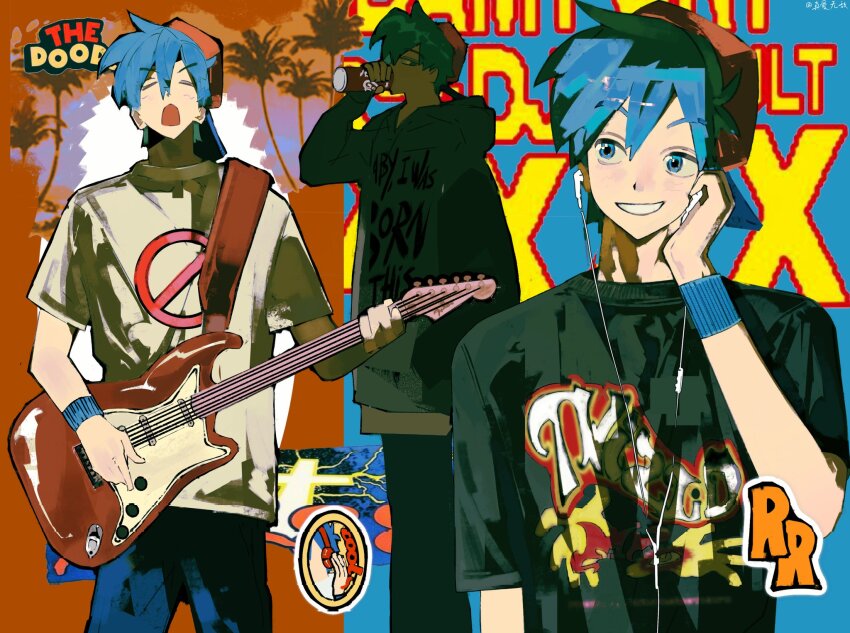 1boy baseball_cap blue_eyes blue_hair boyfriend_(friday_night_funkin&#039;) can closed_eyes cowboy_shot drinking earphones friday_night_funkin&#039; guitar hat highres holding holding_can holding_guitar holding_instrument hood hoodie instrument looking_at_viewer looking_to_the_side male_focus multiple_views music open_mouth playing_instrument print_shirt shirt short_hair smile wristband zhen&#039;ai_wudi