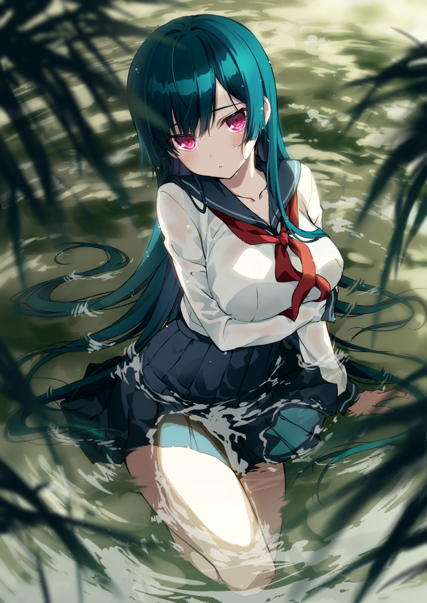 1girl aqua_hair arm_at_side arm_support arm_under_breasts black_skirt blurry blurry_foreground blush breasts collarbone full_body highres knee_up leaf long_hair long_sleeves looking_at_viewer medium_breasts miniskirt neckerchief nikyuppa original parted_lips partially_submerged pink_eyes pleated_skirt red_neckerchief sailor_collar school_uniform serafuku sitting skirt sleeve_cuffs solo very_long_hair water water_drop wet wet_clothes