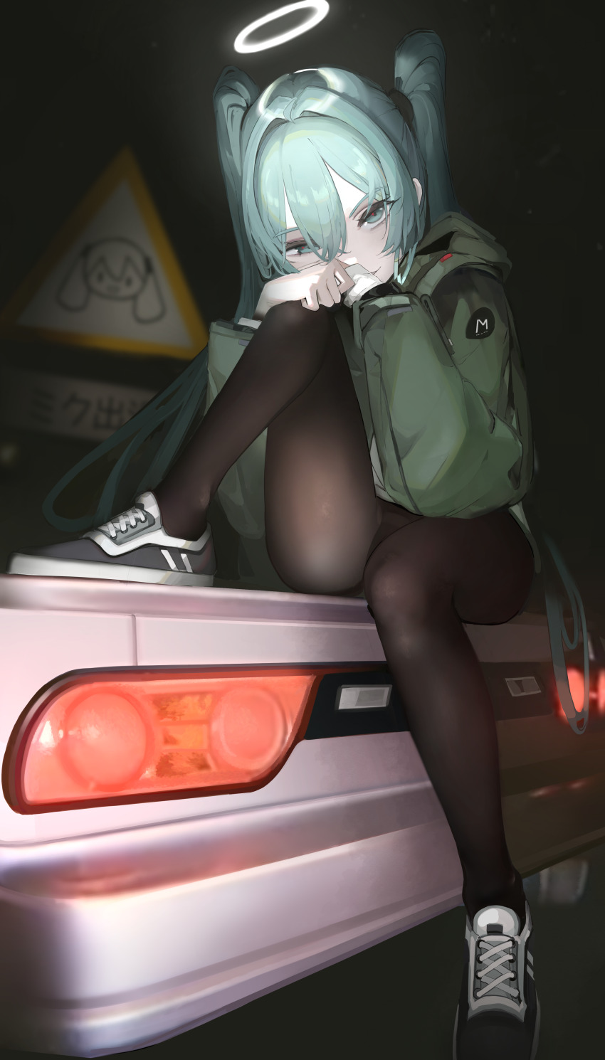 1girl absurdres aqua_eyes aqua_hair black_pantyhose black_shoes blurry blurry_background car commentary crossed_bangs dleung double-parted_bangs green_jacket hair_between_eyes halo hatsune_miku highres jacket knee_up long_hair long_sleeves looking_at_viewer motor_vehicle night on_car outdoors pantyhose puffy_long_sleeves puffy_sleeves road_sign shoes sign sitting sneakers solo traditional_halo twintails very_long_hair vocaloid white_car white_halo