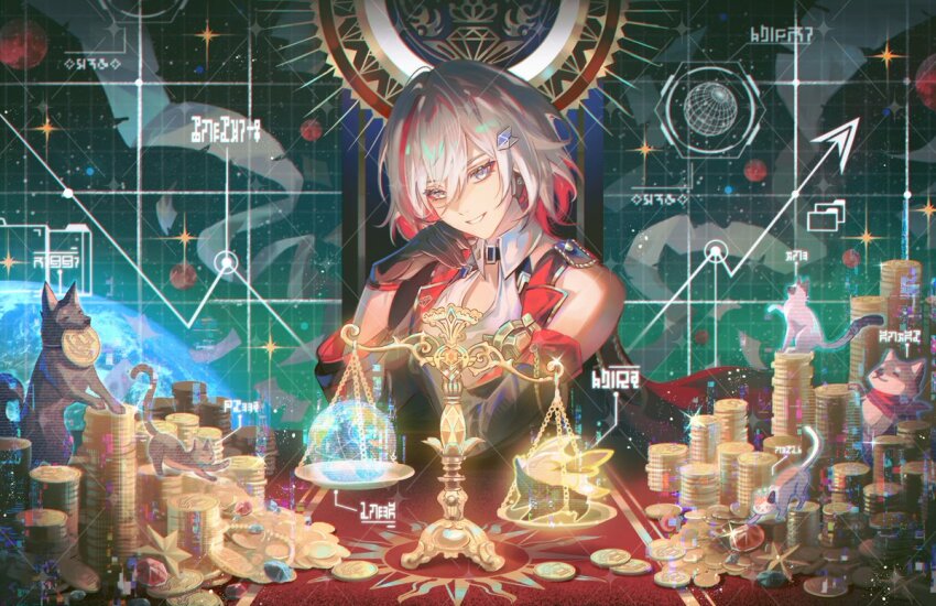 1girl black_gloves cat coin colored_inner_hair commission gem gloves gold_coin grey_eyes hair_between_eyes hair_ornament honkai:_star_rail honkai_(series) jessica_wijaya multicolored_hair planet red_gemstone red_hair scales smile streaked_hair topaz_(honkai:_star_rail) trotter_(honkai:_star_rail) upper_body white_hair