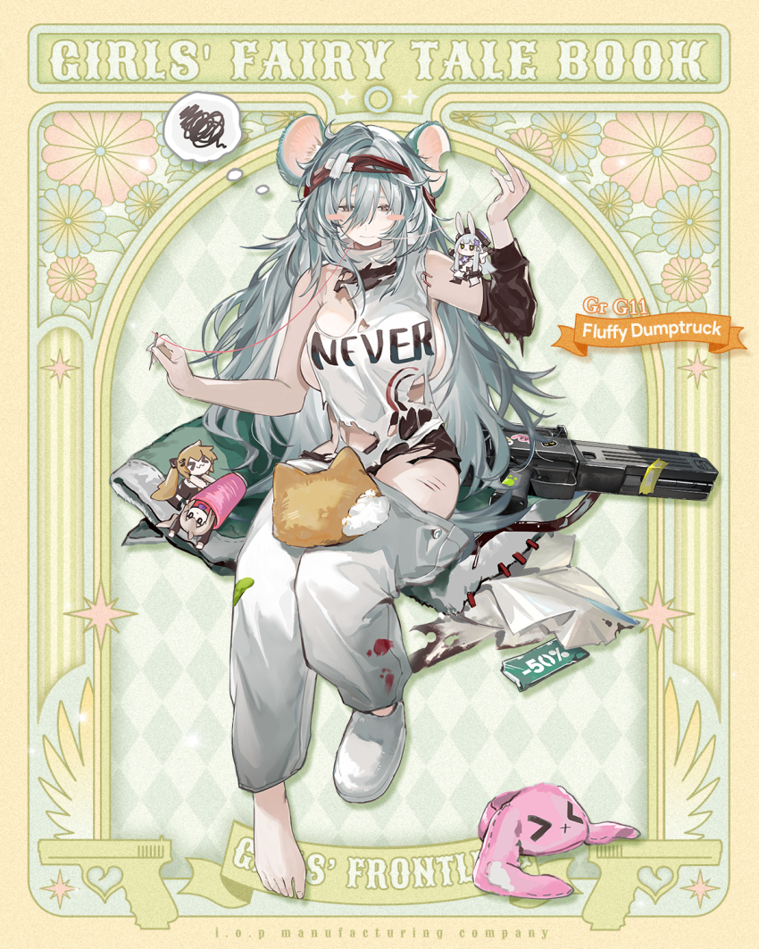 &gt;_&lt; 1girl :3 aged_up animal_ears animal_slippers assault_rifle asymmetrical_footwear blanket blush_stickers breasts brown_eyes bullpup bunny_slippers caseless_firearm cat-shaped_pillow character_doll character_name clothes_pull clothes_writing copyright_name crossed_bandaids cui_pi_zha_xia_qiu detached_sleeves feet full_body g11_(fluffy_dumptruck)_(girls&#039;_frontline) g11_(girls&#039;_frontline) girls&#039;_frontline green_blanket grey_hair gun h&amp;k_g11 hair_between_eyes headband highres hk416_(girls&#039;_frontline) hk416_(herbal-flavored_hard_candy)_(girls&#039;_frontline) holding_sewing_needle jitome kemonomimi_mode large_breasts long_hair mismatched_footwear mouse_ears notched_ear official_alternate_costume official_art pants pants_pull paw_print promotional_art red_headband rifle sale second-party_source shirt single_bare_foot single_detached_sleeve single_sleeve sitting slippers solo speech_bubble spoken_squiggle spool squiggle sticker thought_bubble toes torn_clothes torn_shirt ump45_(agent_lop_rabbit)_(girls&#039;_frontline) ump45_(girls&#039;_frontline) ump9_(girls&#039;_frontline) ump9_(shiba_investigator)_(girls&#039;_frontline) very_long_hair weapon x3