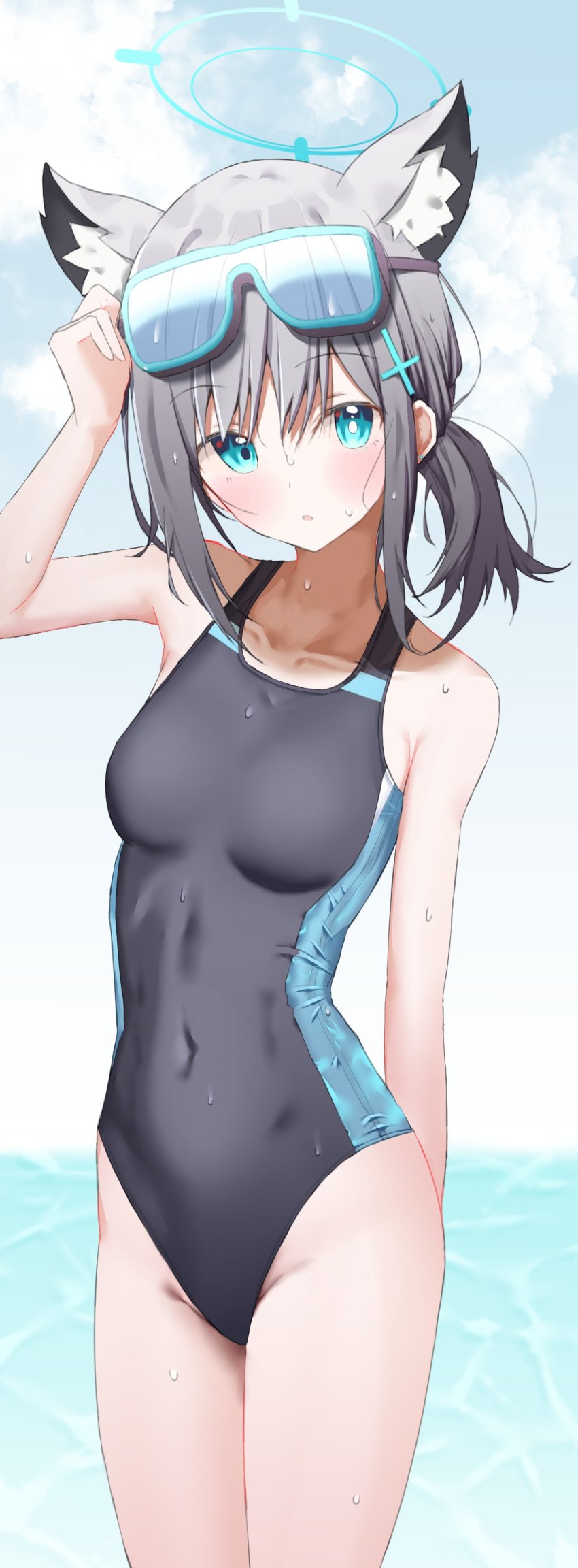 1girl absurdres animal_ear_fluff animal_ears arm_behind_back ashinagi_(bijutu1) bare_arms black_one-piece_swimsuit blue_archive blue_eyes blush breasts cat_ears cloud collarbone competition_swimsuit covered_navel cross_hair_ornament grey_hair hair_between_eyes hair_ornament halo highleg highleg_one-piece_swimsuit highres long_hair looking_at_viewer one-piece_swimsuit outdoors parted_lips shiroko_(blue_archive) shiroko_(swimsuit)_(blue_archive) small_breasts solo standing summer sweatdrop swimsuit