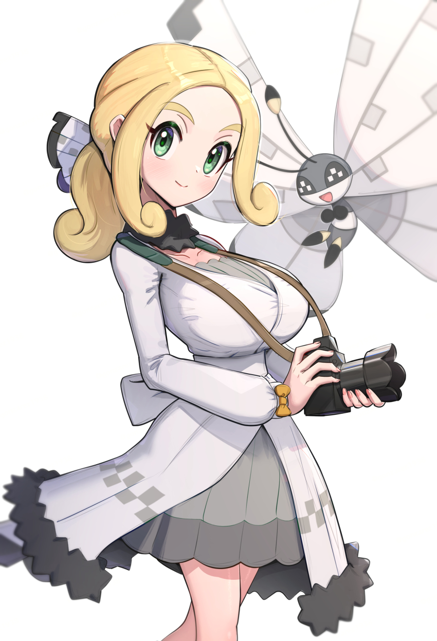 1girl absurdres alternate_costume blonde_hair breasts butterfly_hair_ornament camera camera_around_neck collarbone cowboy_shot dress fluffy_collar forehead game_freak gen_6_pokemon gonzarez green_eyes hair_ornament highres large_breasts nail_polish nintendo official_alternate_costume parted_bangs pokemon pokemon_masters_ex ponytail solo thick_eyebrows thighs viola_(holiday_2023)_(pokemon) viola_(pokemon) vivillon