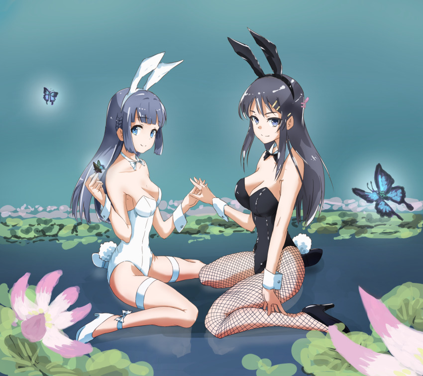 2girls animal_ear_hairband animal_ears bare_legs black_bow black_bowtie black_hair black_leotard blue_eyes bow bowtie breasts bug butterfly cleavage detached_collar fake_animal_ears fishnet_pantyhose fishnets flower hairband highres insect leotard long_hair makinohara_shouko medium_breasts multiple_girls own_hands_clasped own_hands_together pantyhose playboy_bunny purple_eyes rabbit_ears rabbit_tail sakurajima_mai seishun_buta_yarou smile strapless strapless_leotard tail tsutarou white_leotard wrist_cuffs