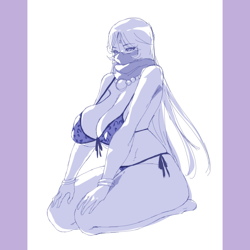 absurdres alternate_costume breasts digimon digimon_(creature) gerusyu highres huge_breasts long_hair looking_ahead necktie sanzomon scarf scarf_over_mouth swimsuit