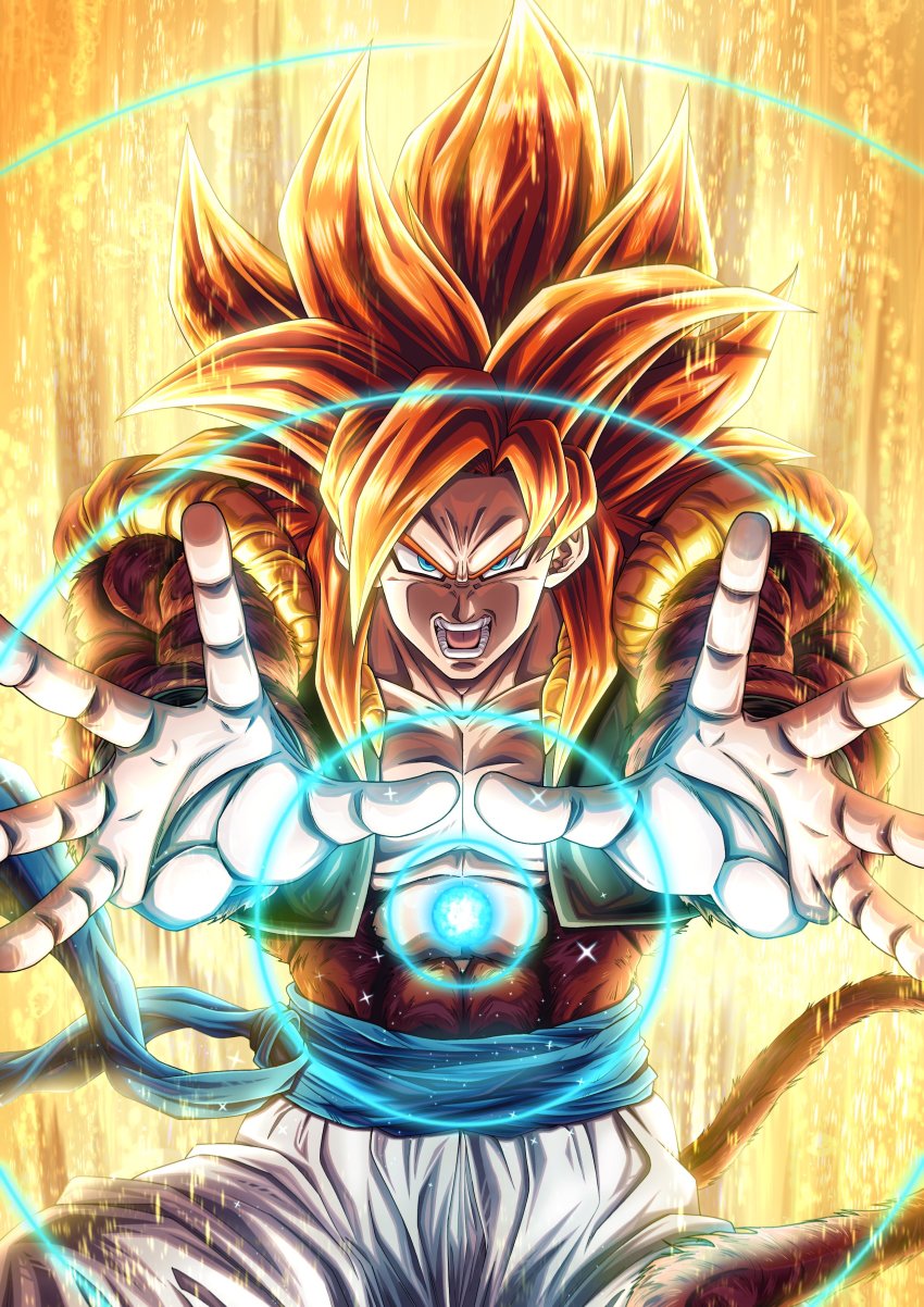1boy absurdres big_bang_kamehameha body_fur brown_fur dragon_ball dragon_ball_gt gogeta highres incoming_attack kamehameha_(dragon_ball) looking_at_viewer metamoran_vest mocky_art monkey_boy monkey_tail muscular muscular_male obi open_mouth outstretched_arm outstretched_hand pants pectorals red_hair saiyan sash solo spiked_hair super_saiyan super_saiyan_4 tail white_pants wristband