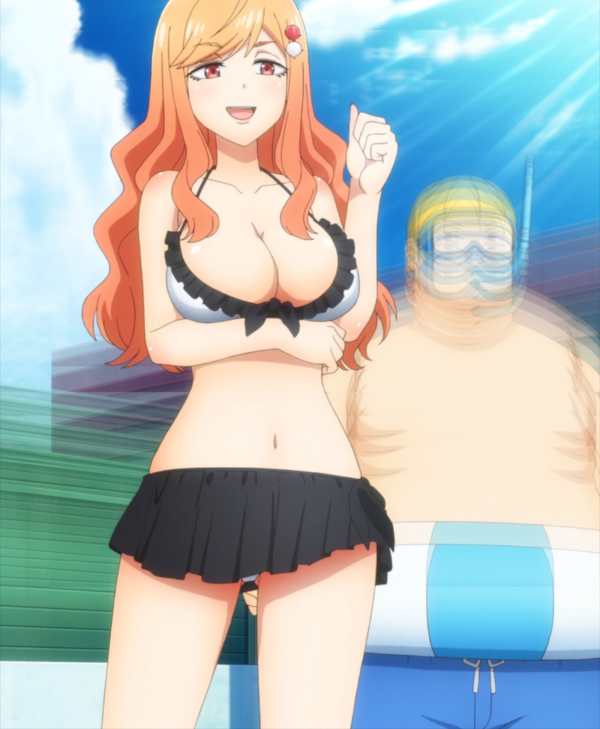 1boy 1girl arm_under_breasts bikini breasts brother_and_sister cleavage cloud fat fat_man highres large_breasts long_hair ma-kun_(tejina_senpai) navel saki-chan_(tejina_senpai) screencap siblings sky standing swimsuit tagme tejina_senpai_(series)