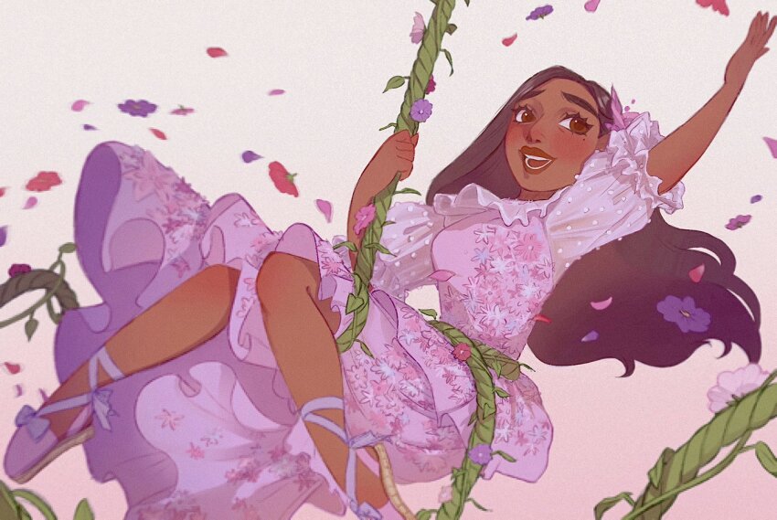 1girl black_hair brown_eyes dark-skinned_female dark_skin dress encanto highres isabela_madrigal long_dress long_hair petals purple_dress ri_ri_ri2 solo white_background
