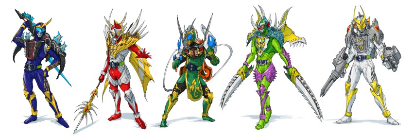 5boys cosplay crossover gigan godzilla godzilla_(cosplay) godzilla_(series) highres kamen_rider kamen_rider_baron kamen_rider_bravo kamen_rider_gaim kamen_rider_gaim_(series) kamen_rider_ryugen kamen_rider_zangetsu king_ghidorah mecha mechagodzilla mothra multiple_boys nurikabe_(mictlan-tecuhtli) polearm robot sword weapon whip