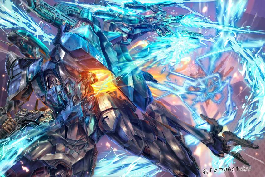 armored_core armored_core_vi:_fires_of_rubicon cowboy_shot day double_blade energy_blade explosion fighting_stance glowing glowing_eyes green_eyes gun handgun highres holding holding_gun holding_weapon mecha mecha_focus midair missile_pod no_humans outdoors robot science_fiction solo steel_haze thrusters twitter_username uungunover weapon weapon_on_back