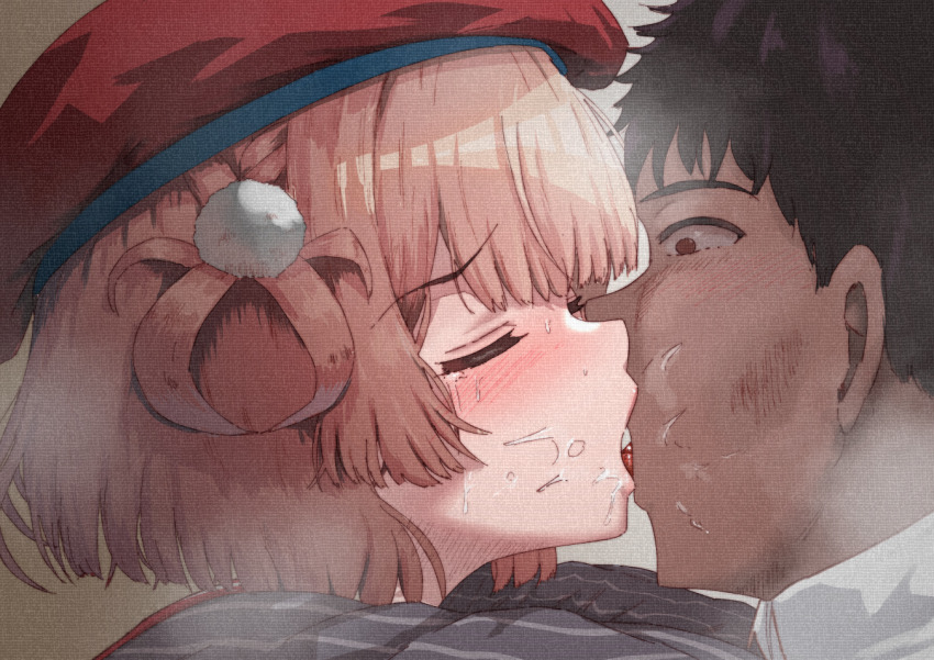 1boy 1girl barichieiro blonde_hair blush close-up closed_eyes crying french_kiss hair_ornament hair_rings indie_virtual_youtuber kiss shigure_ui_(vtuber) shigure_ui_(vtuber)_(1st_costume) short_hair virtual_youtuber