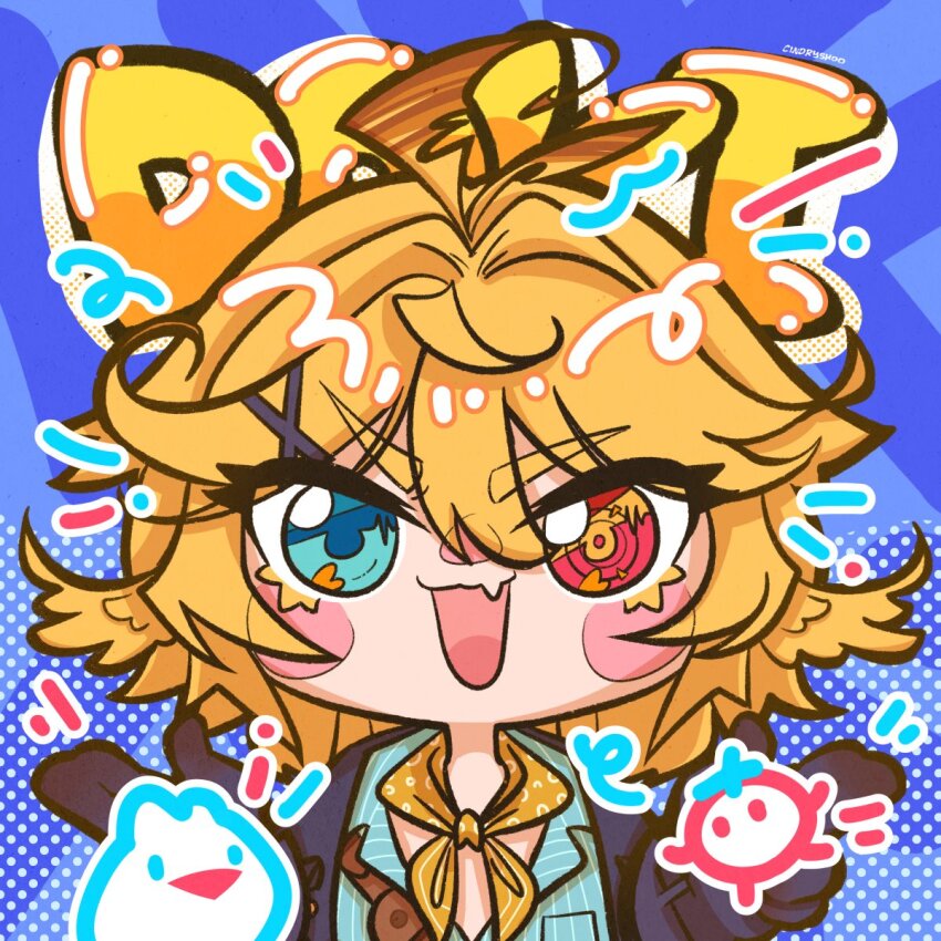 1girl :d aqua_eyes aqua_shirt black_gloves black_jacket blonde_hair blue_background blush_stickers chibi cindryshoo dokibird_(vtuber) dokibird_(vtuber)_(bounty_hunter) dokibird_(vtuber)_(tomato) dragoon_(dokibird) fang finger_gun gloves hair_ornament hairclip heterochromia highres indie_virtual_youtuber jacket looking_at_viewer neckerchief open_clothes open_jacket open_mouth red_eyes shirt skin_fang smile solo straight-on upper_body virtual_youtuber yellow_neckerchief