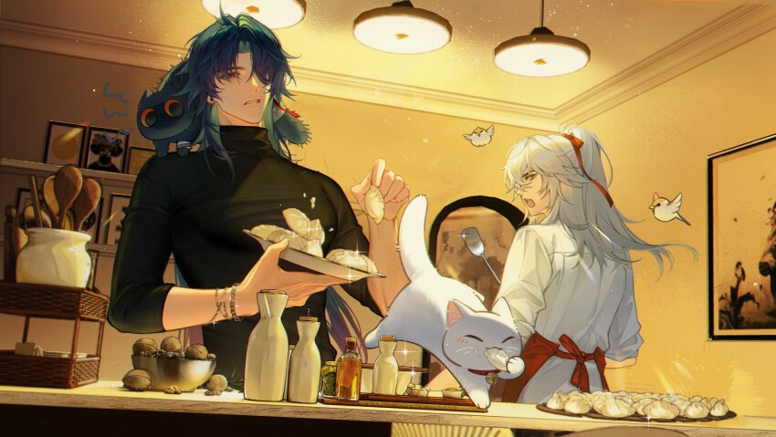2boys absurdres animal animal_on_head animal_on_shoulder apron black_cat black_hair black_sweater blade_(honkai:_star_rail) bowl bracelet cat cat_on_shoulder ceiling_light collared_shirt cooking dumpling earrings food food_theft hair_ribbon highres holding holding_food holding_plate holding_utensil honkai:_star_rail honkai_(series) jewelry jing_yuan kitchen long_hair long_sleeves looking_back male_focus mole mole_under_eye multiple_boys on_head open_mouth painting_(object) picture_frame plate ponytail qaq3bai red_apron red_eyes red_ribbon ribbon shirt silver_bracelet spoon sweater tassel tassel_earrings turtleneck turtleneck_sweater white_cat white_hair white_shirt wooden_spoon yaoi yellow_eyes