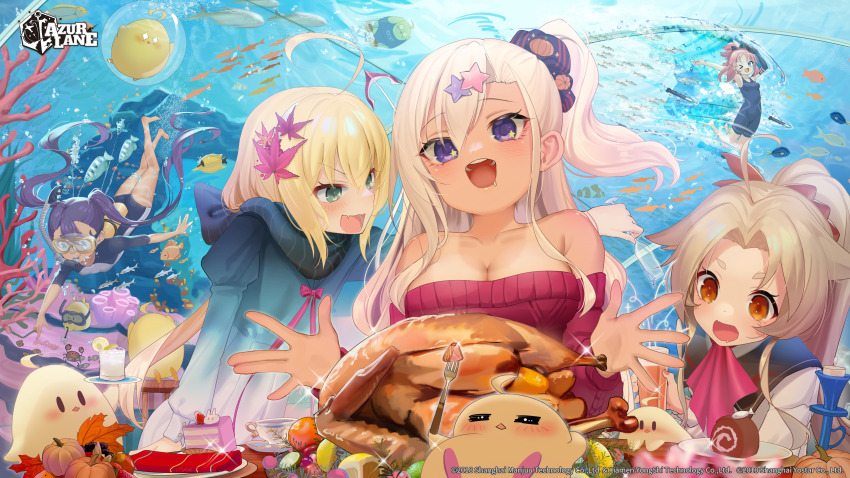 5girls :d absurdres ahoge air_bubble albacore_(azur_lane) animal archerfish_(azur_lane) ascot ass azur_lane baby_animal bare_shoulders barefoot bird blonde_hair blue_eyes blue_one-piece_swimsuit blue_sailor_collar bluegill_(azur_lane) blush bottle bow breasts brown_eyes bubble cake cake_slice cavalla_(azur_lane) chick cleavage collarbone copyright_name coral crab dace_(azur_lane) dark-skinned_female dark_skin diving_mask dress fang fh_moya fish flower food fork freediving fruit goggles green_eyes hair_between_eyes hair_flower hair_ornament hair_ribbon high_ponytail highres holding holding_fork juliet_sleeves large_breasts light_brown_hair long_hair long_sleeves looking_at_another manjuu_(azur_lane) medium_breasts multiple_girls neckerchief ocean off-shoulder_sweater off_shoulder official_art one-piece_swimsuit one_side_up open_mouth orange_eyes pink_hair pink_neckerchief polearm ponytail puffy_sleeves purple_eyes purple_hair red_dress red_sweater ribbed_sweater ribbon sailor_collar scarf school_swimsuit school_uniform second-party_source serafuku shirt sidelocks skin_fang smile snorkel star_(symbol) star_hair_ornament starfish submerged sweater sweater_dress swimming swimsuit tan tanline teeth thanksgiving torpedo trident tropical_fish turkey_(food) twintails underwater very_long_hair water weapon
