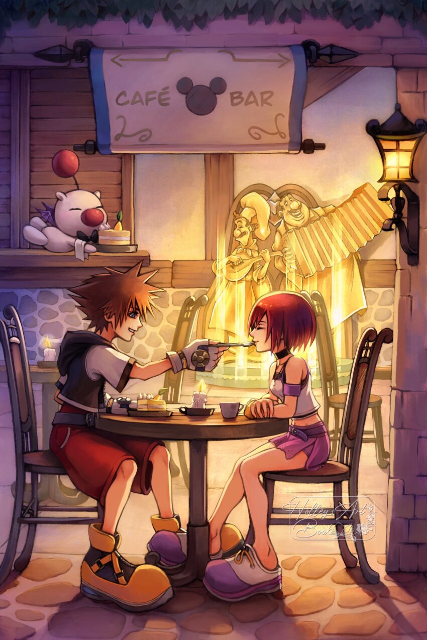 1boy 1girl black_choker blue_eyes brown_hair chair choker closed_eyes commentary disney english_commentary fingerless_gloves from_side gloves highres holding holding_spoon hollypolllyy kairi_(kingdom_hearts) kingdom_hearts kingdom_hearts_i lady_and_the_tramp midriff moogle pointy_hair profile purple_skirt red_hair red_shorts shirt shoes short_hair short_sleeves shorts sitting skirt sleeveless sleeveless_shirt smile sora_(kingdom_hearts) spoon white_gloves white_shirt white_shoes yellow_shoes