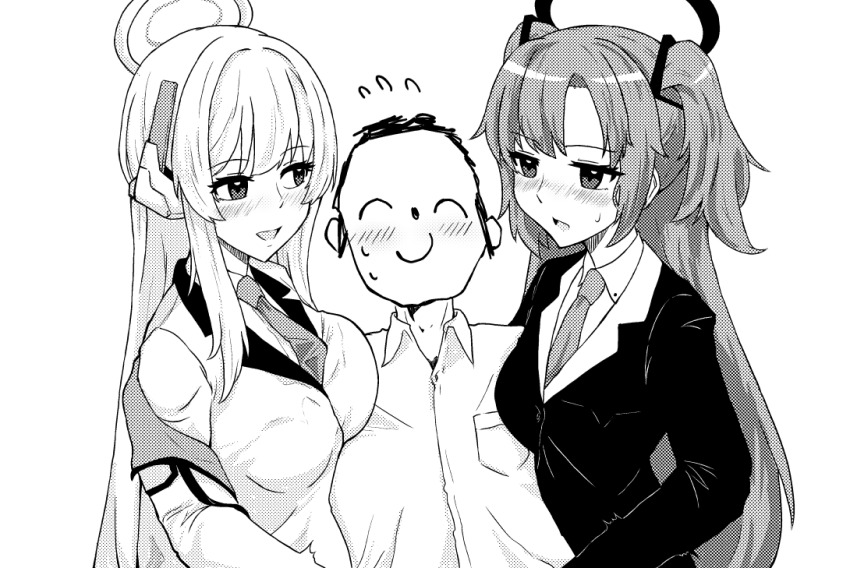 1boy 2girls blue_archive girl_sandwich grabbing_another&#039;s_breast groping monochrome multiple_girls niceratus_kiotensis noa_(blue_archive) sandwiched school_uniform sensei_(blue_archive) white_background yuuka_(blue_archive)