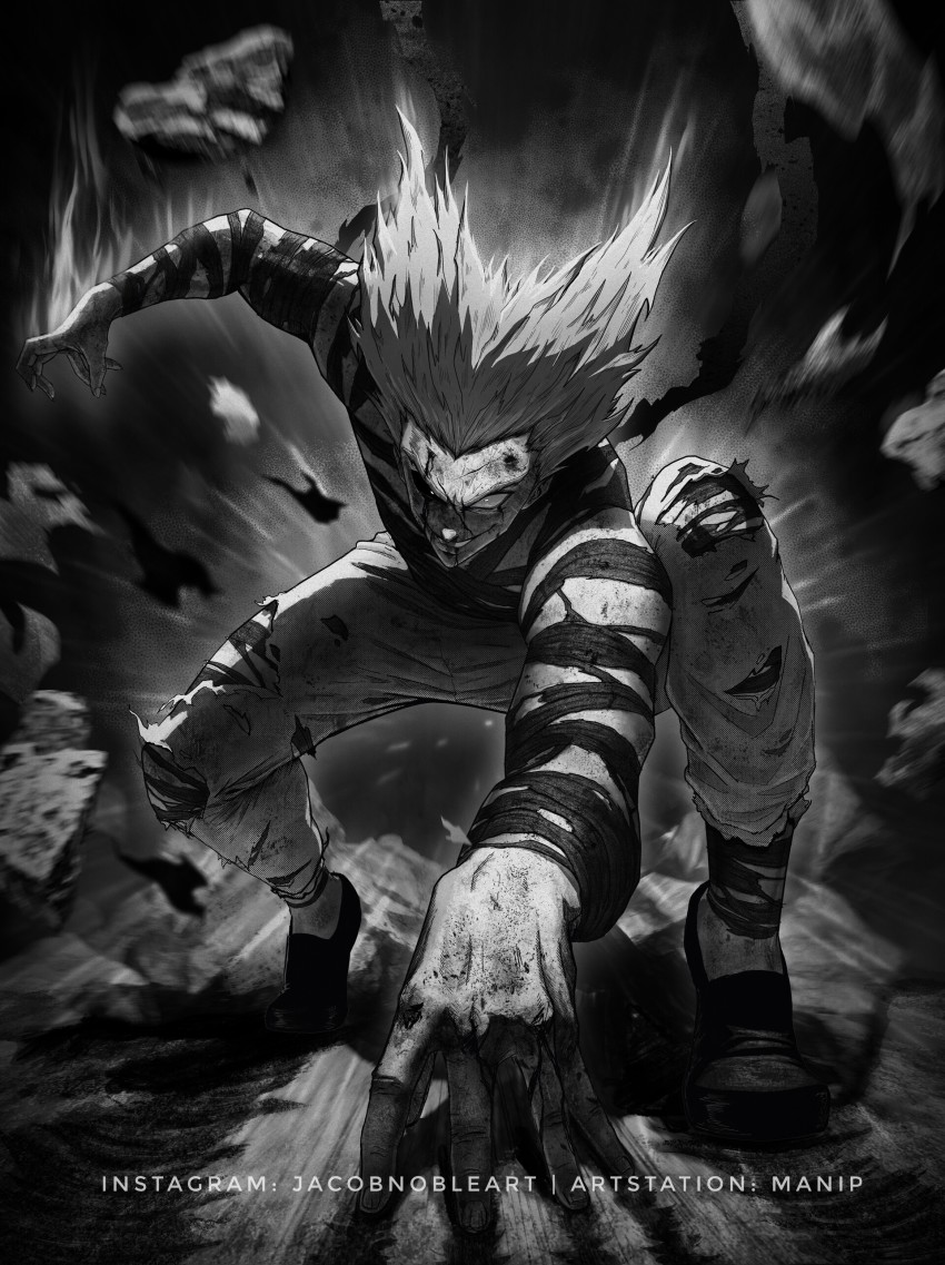 1boy absurdres artist_name black_footwear blank_eyes blood fighting_stance garou_(one-punch_man) glowing glowing_eyes greyscale grin highres looking_at_viewer male_focus manip monochrome one-punch_man pointy_hair rubble scar smile solo standing torn_clothes watermark