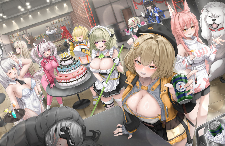1boy 6+girls absurdres adult_aongly ahoge alcohol alice_(nikke) alternate_costume animal_ear_fluff animal_ears animal_hands anis_(nikke) anniversary antenna_hair apron arm_cuffs bar_(place) bar_stool bare_shoulders beard beer beer_can bike_shorts biting black_hair blanc_(nikke) blonde_hair blush bodysuit boots bottle breasts brown_hair bucket cake can candle cart cat_covering_ears_(meme) christmas_lights cleavage coat cocktail_glass cocktail_shaker collar commentary_request cup dance_floor detached_collar diesel_(nikke) door drink_can drinking_glass elegg_(nikke) facial_hair facial_tattoo fang fangs fingerless_gloves fishnet_pantyhose fishnets food frilled_thigh_strap frima_(nikke) fruit gauntlets gloves goddess_of_victory:_nikke green_hair grey_gloves grey_hair hair_ornament hair_over_eyes hairclip hand_on_own_chest hand_up hands_up head_on_table headset heart heart_tattoo high_heels highres holding holding_cup holding_microphone_stand holding_tray horns ice ice_bucket jackal_(nikke) jacket jacket_on_shoulders large_breasts lens_flare leona_(nikke) leotard lion long_hair long_sleeves maid maid_apron maid_headdress meme microphone microphone_stand midriff mop multicolored_hair multiple_girls mustang_(nikke) necktie noir_(nikke) open_clothes open_jacket open_mouth orange_eyes pantyhose pink_eyes pink_gloves pink_hair playboy_bunny pleated_skirt ponytail rabbit_ears red_eyes red_hair red_hood_(nikke) ribbon round_teeth saliva scarf shoes short_hair shorts sitting skin_fang skirt sleep_mask sleeping sleeping_bag smile soda_(nikke) spiked_collar spikes squatting standing star_tattoo stool strap strawberry streaked_hair sunglasses suspenders table tattoo teeth thigh_strap thighhighs tile_floor tiles timi_(nikke) tray tunic twintails very_long_hair vest viper_(nikke) white_gloves white_hair white_skirt wine_glass wing_collar wolf_ears wrist_cuffs yellow_eyes