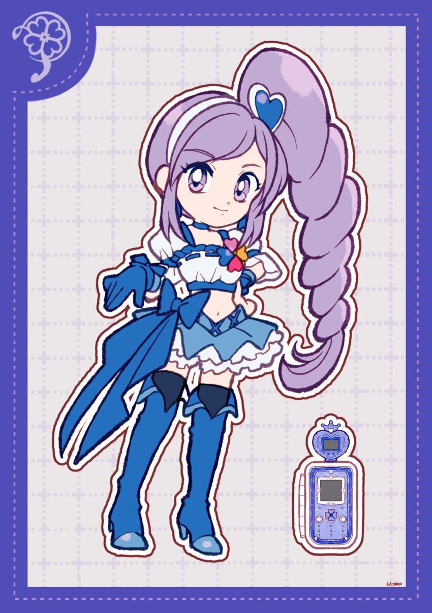 1girl aono_miki black_thighhighs blue_boots blue_bow blue_choker blue_gloves blue_skirt boots border bow cellphone choker closed_mouth clover clover_brooch cropped_shirt cross-laced_clothes cross-laced_skirt cure_berry deformed dot_nose dotted_line drill_hair earrings eyelashes four-leaf_clover fresh_precure! frilled_shirt frilled_skirt frilled_sleeves frills full_body gloves grey_background grid_background hair_ornament hairband hand_on_own_hip heart heart_earrings heart_hair_ornament high_heel_boots high_heels high_side_ponytail highres jewelry long_hair magical_girl midriff miniskirt navel outline outstretched_hand petticoat phone precure puffy_short_sleeves puffy_sleeves purple_border purple_eyes purple_hair ribbon-trimmed_shirt ribbon_trim shirt short_sleeves sidelocks signature single_glove skirt smile solo square_neckline swept_bangs tareme thigh_boots thighhighs uwded_207 very_long_hair waist_bow white_hairband white_outline white_shirt wrist_bow wristband zettai_ryouiki