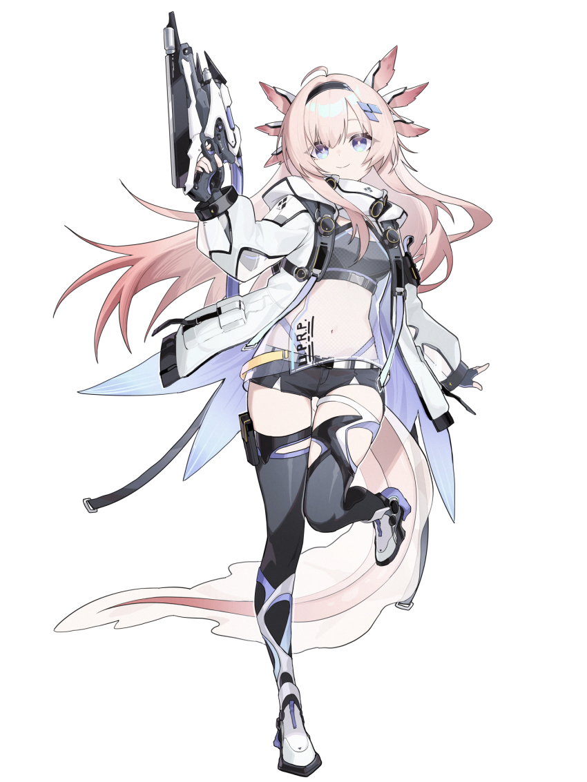 1girl ahoge axolotl_ears axolotl_girl axolotl_tail black_gloves black_shirt black_shorts black_thighhighs blue_eyes breasts bright_pupils closed_mouth crop_top einheadt finger_on_trigger fingerless_gloves full_body gloves gun hairband hand_up highres holding holding_gun holding_weapon jacket long_hair long_sleeves looking_at_viewer medium_breasts micro_shorts midriff navel open_clothes open_jacket original pink_hair see-through_clothes see-through_shirt shirt shoes shorts simple_background smile solo standing standing_on_one_leg thighhighs thighs undershirt weapon white_background white_jacket white_shoes
