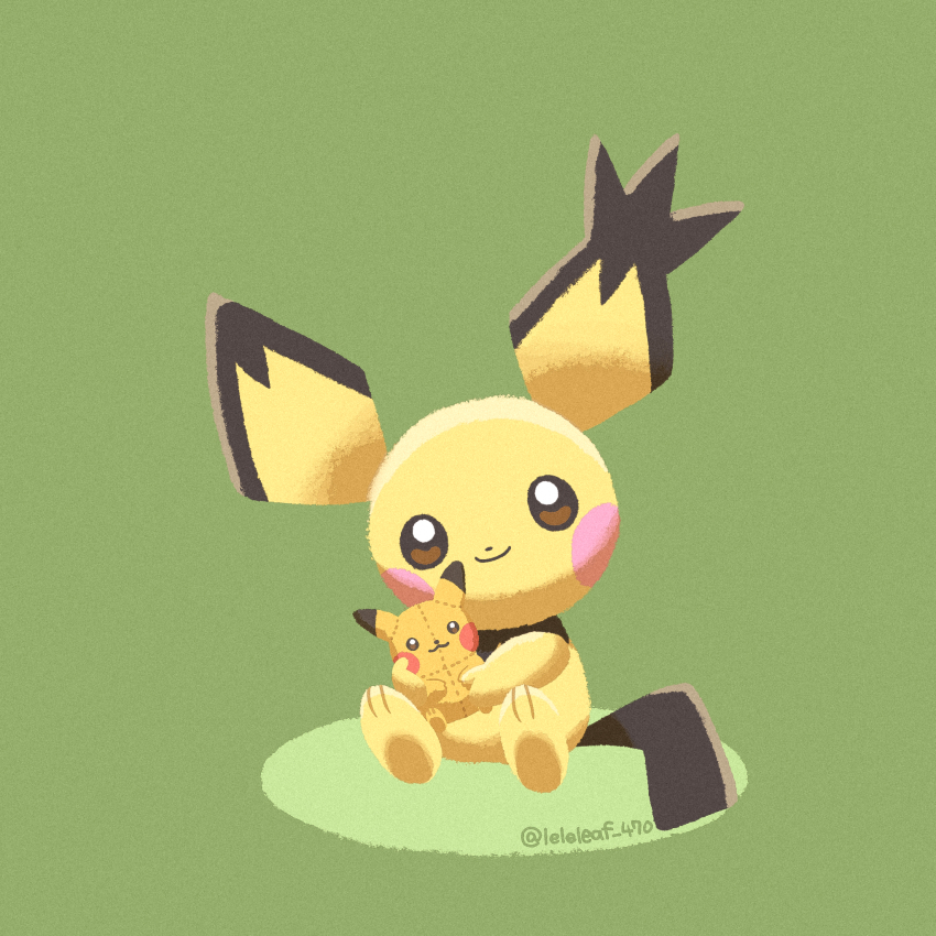 animal_focus brown_eyes closed_mouth full_body gen_1_pokemon gen_2_pokemon green_background highres leaf_(pixiv17652941) looking_at_viewer nintendo no_humans pichu pikachu pokemon pokemon_(creature) simple_background sitting smile solo stuffed_animal stuffed_toy twitter_username