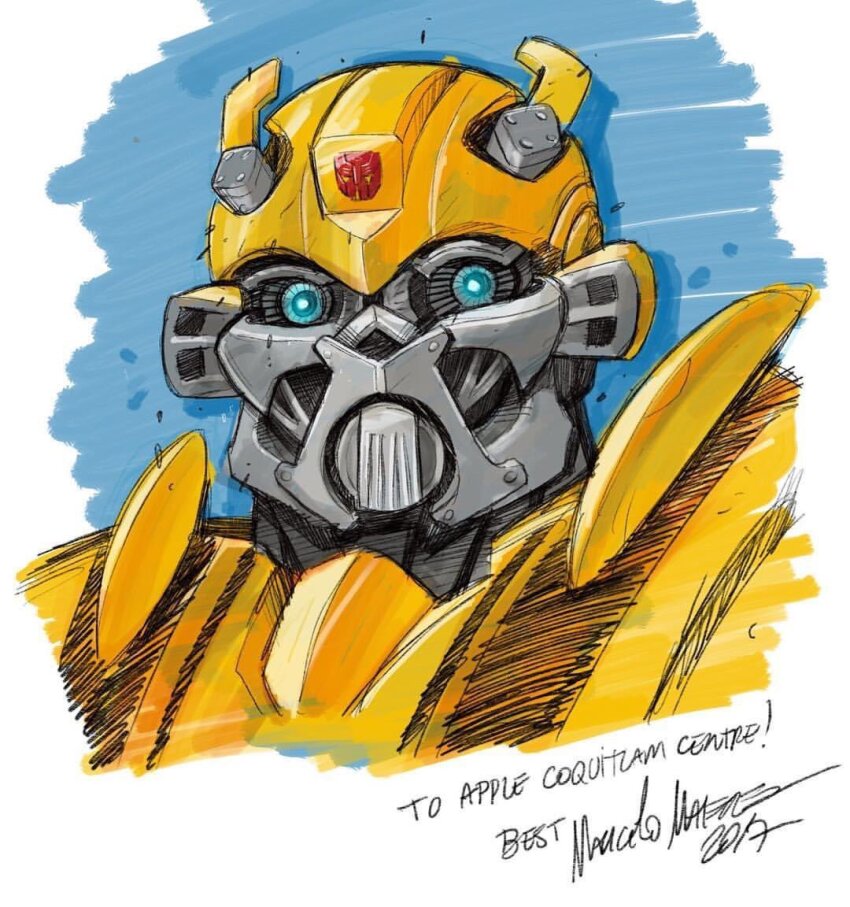 1boy autobot blue_eyes bumblebee_(transformers) helmet humanoid_robot insignia male_focus marcelo_matere mecha mugshot robot science_fiction transformers transformers_(live_action)