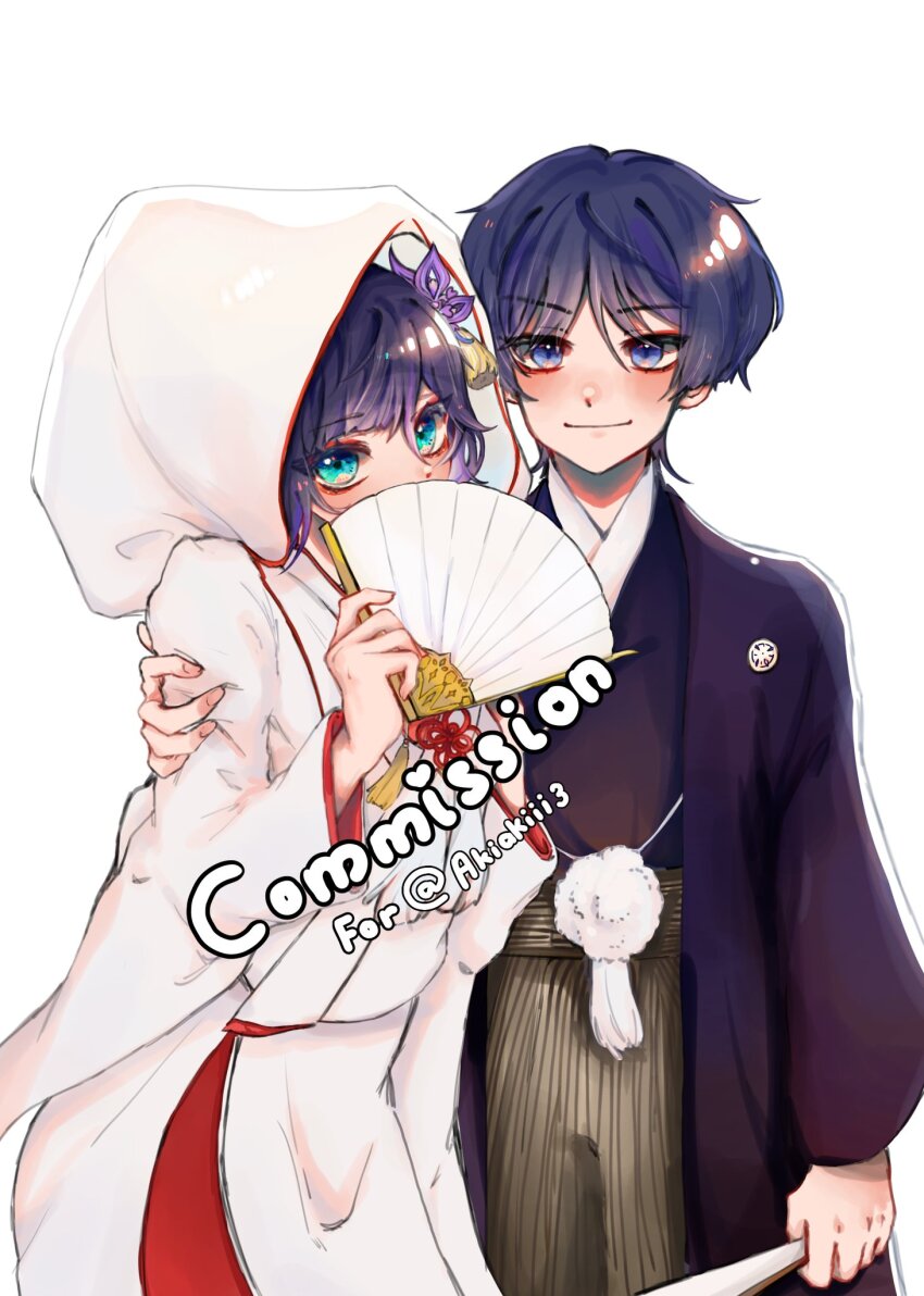 1boy 1girl alternate_costume arm_at_side black_hair black_haori black_kimono black_sleeves blue_eyes blunt_bangs blunt_ends bridal_veil chinese_knot closed_mouth commission couple dengjenk dress emblem eyeliner eyeshadow fan_over_face genshin_impact good_luck_knot hair_between_eyes hakama hakama_pants han&#039;eri hand_fan hand_on_another&#039;s_shoulder hand_up haori haori_himo hetero highres holding holding_fan husband_and_wife japanese_clothes kimono layered_sleeves long_sleeves looking_at_viewer makeup mona_(genshin_impact) pants red_eyeliner red_eyeshadow red_sleeves scaramouche_(genshin_impact) shiromuku side-by-side smile striped_hakama tassel uchikake veil wataboushi wedding wedding_dress white_background white_sleeves white_veil
