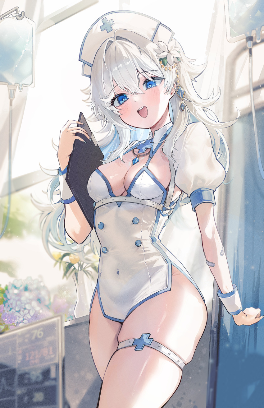 1girl absurdres blue_eyes breasts cowboy_shot dress gurami_(zangizarang) highres indoors long_hair medium_breasts nurse open_mouth original short_dress thighs white_dress white_hair