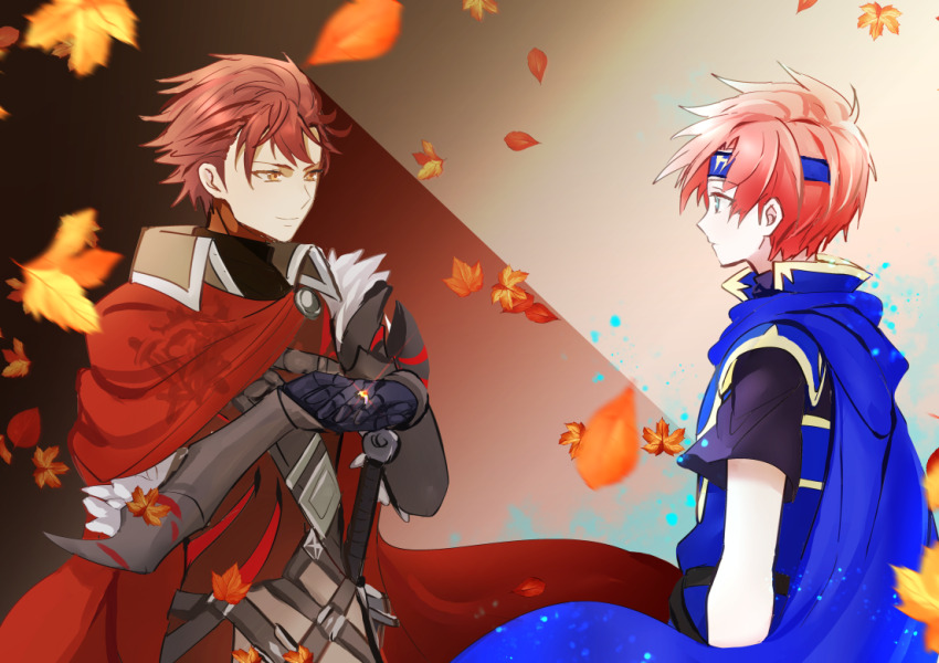 2boys armor blue_armor blue_eyes cape diamant_(fire_emblem) fire_emblem fire_emblem:_the_binding_blade fire_emblem_engage headband looking_at_another male_focus multiple_boys nintendo red_cape red_eyes red_hair roy_(fire_emblem) shoochiku_bai short_hair