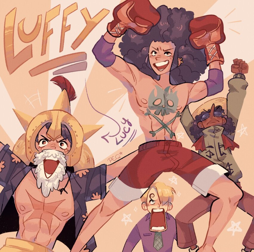 3boys abs afro arms_up black_hair boxing_gloves chest_tattoo commentary curly_eyebrows dark-skinned_male dark_skin elbow_pads english_commentary fake_beard fake_facial_hair hair_over_one_eye helmet highres long_nose male_focus monkey_d._luffy multiple_boys multiple_views one_piece open_mouth peqchesss red_shorts sanji_(one_piece) short_hair shorts sideburns smile sunglasses tattoo usopp