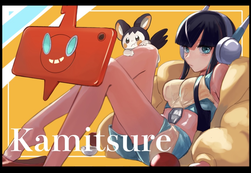 1girl black_hair blunt_bangs character_name closed_mouth commentary_request elesa_(pokemon) emolga expressionless eyelashes flats framed fur_jacket gen_4_pokemon gen_5_pokemon green_eyes gym_leader headphones highres jacket kikui_102 long_sleeves nintendo poke_ball poke_ball_(basic) pokemon pokemon_(creature) pokemon_bw2 pokemon_on_leg red_footwear rotom rotom_phone shiny_skin short_hair_with_long_locks sidelocks yellow_jacket