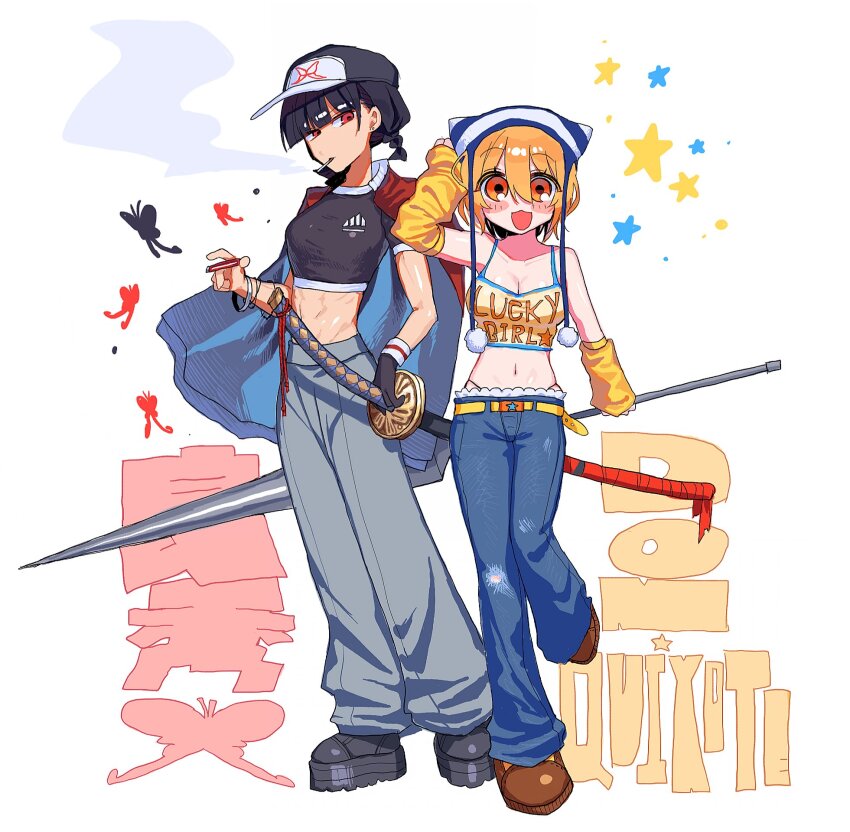 2girls arm_warmers black_shirt black_shoes blonde_hair blue_pants breasts brown_shoes cleavage crop_top don_quixote_(project_moon) full_body highres lance large_breasts limbus_company multiple_girls nr6nzqrcgf60864 ootachi open_mouth orange_eyes pants polearm project_moon ryoshu_(project_moon) shirt shoes short_hair sleeveless sleeveless_shirt smile weapon