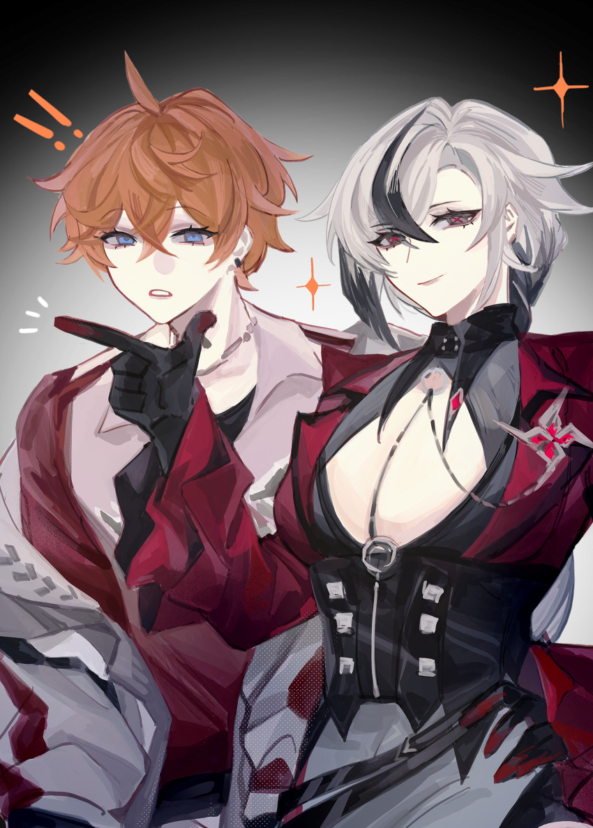 ! !! 1boy 1girl absurdres ahoge arlecchino_(genshin_impact) black_eyes blue_eyes breasts center_opening chinese_commentary cleavage closed_mouth collared_shirt collared_vest colored_skin corset couple curly_hair ear_piercing formal_clothes friends genshin_impact grey_background grey_hair grey_jacket hair_between_eyes hand_up highres hoyofair index_finger_raised jacket jewelry large_breasts light_smile long_sleeves looking_at_viewer low_ponytail multicolored_eyes multicolored_hair multicolored_skin necklace off_shoulder open_clothes open_jacket open_mouth orange_hair piercing pink_shirt ponytail red_pupils red_suit shirt short_hair smirk snowfeng236 sparkle spotlight standing streaked_hair suit symbol-shaped_pupils tartaglia_(genshin_impact) two-tone_skin upper_body vest wide_sleeves x-shaped_pupils x_x