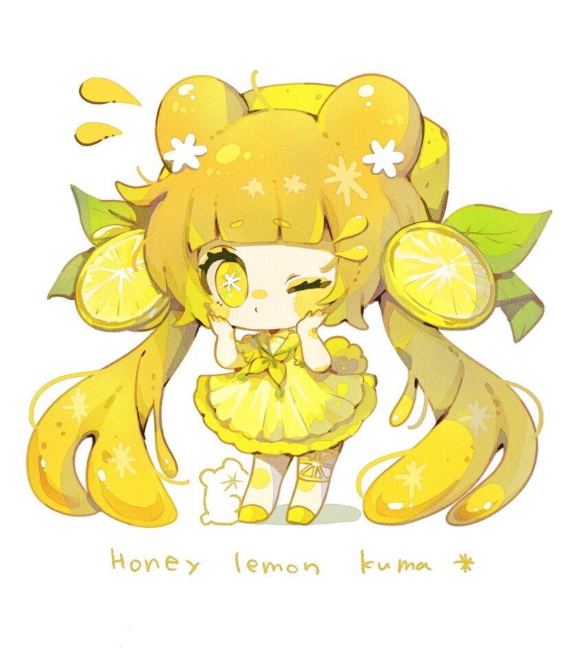 1girl absurdly_long_hair bear blonde_hair blunt_bangs blush_stickers bright_pupils chibi chibi_only creature double_bun dress flying_sweatdrops food food-themed_hair_ornament fruit full_body hair_bun hair_ornament hands_on_own_cheeks hands_on_own_face hands_up highres leaf_hair_ornament lemon lemon_hair_ornament lemon_slice liquid_hair long_hair looking_at_viewer low_twintails neckerchief no_sclera one_eye_closed original romaji_text sailor_collar shoes simple_background solo standing symbol-shaped_pupils tabasukokororin thighhighs twintails very_long_hair white_background white_pupils yellow_dress yellow_eyes yellow_neckerchief yellow_sailor_collar yellow_shoes