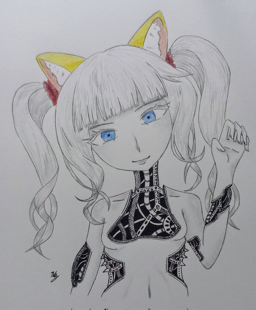 1girl 2024 animal_ears artist_initials belly blonde_hair blue_eyes cat_ears cat_girl cuemew greyscale gynoid highres indie_virtual_youtuber monochrome nisezen robot solo twintails virtual_youtuber