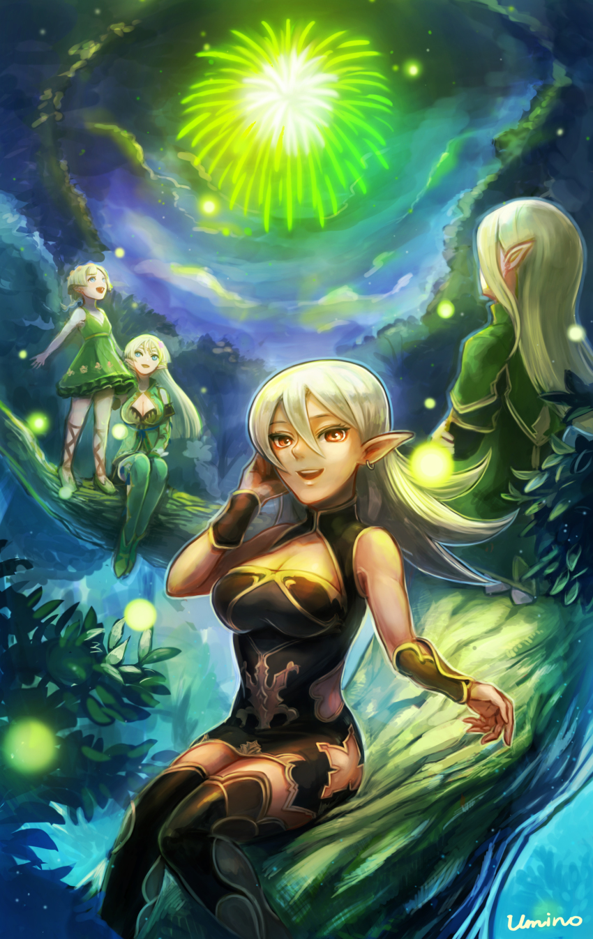 1boy 3girls absurdres black_legwear blonde_hair blue_eyes boots braid dark_elf dark_skin dress elf erik_burton fireworks forest full_body highres jenna_kirsty juno_bernal kris_bernal long_hair multiple_girls nature night orange_eyes pointy_ears pop-up_story short_dress siblings sisters thigh_boots thighhighs twin_braids umino_kiri
