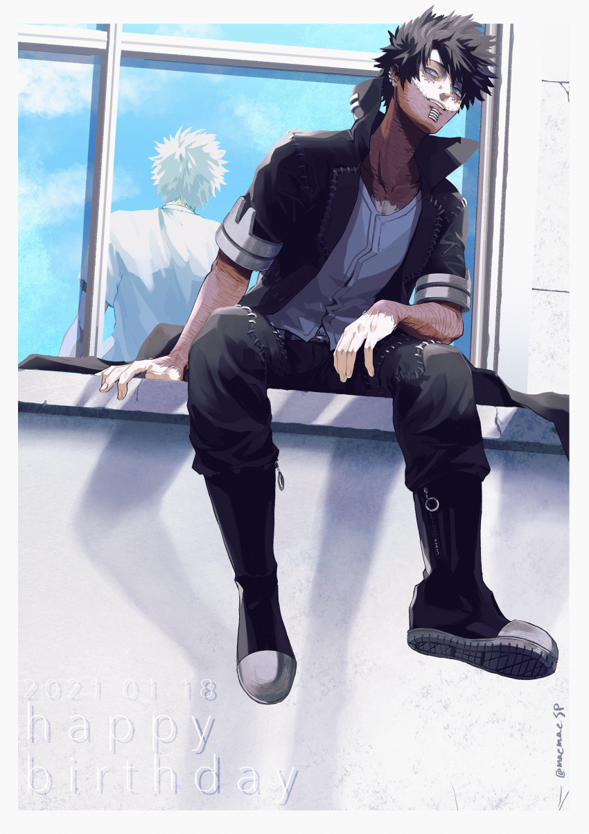 1boy absurdres arm_support black_footwear black_hair blue_eyes boku_no_hero_academia border dabi_(boku_no_hero_academia) dated different_reflection face_piercing full_body grey_shirt happy_birthday highres maemaesp male_focus nose_piercing on_windowsill outdoors pants piercing reflection shirt short_hair sitting solo stitches white_border windowsill