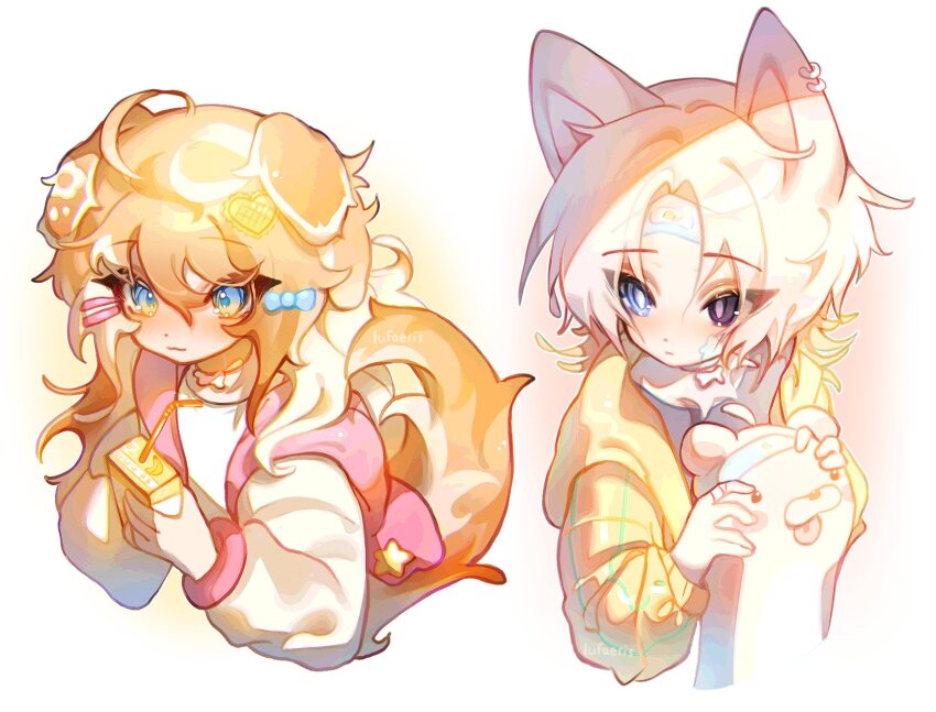 1boy 1girl ahoge animal_ear_piercing animal_ears black_eyes blonde_hair blue_eyes cat_boy cat_ears closed_mouth cloud_(lufaeris) commentary dog_ears dog_girl dog_tail drinking_straw hair_between_eyes hair_ornament hairclip heart heart_hair_ornament heterochromia highres holding holding_juice_box holding_stuffed_toy jacket juice_box long_hair long_sleeves looking_at_another original parallel_hairclips parted_bangs simple_background stuffed_animal stuffed_toy symbol-only_commentary tail white_background yellow_jacket