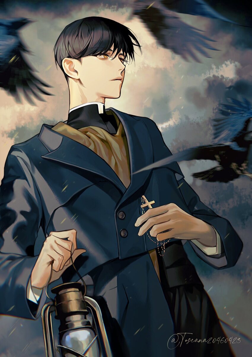 1boy bird black_bird black_coat black_hair blue_coat closed_mouth cloud cloudy_sky coat cross hair_between_eyes highres holding holding_cross holding_lamp looking_to_the_side male_focus original scarf shirt short_hair sky snowing solo thick_lips too_many too_many_birds toscana20460423 twitter_username upper_body white_shirt yellow_eyes yellow_scarf