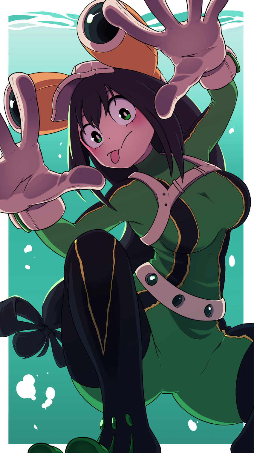 1girl absurdres asui_tsuyu asui_tsuyu_(hero_outfit) black_hair blush bodysuit boku_no_hero_academia breasts female_focus gloves goggles goggles_on_head green_bodysuit green_eyes hakimen highres large_breasts long_hair low-tied_long_hair solo superhero_costume tongue tongue_out white_gloves