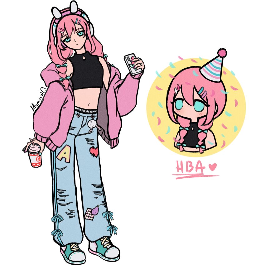 1girl absurdres alternate_hairstyle aubrey_(faraway)_(omori) aubrey_(omori) blue_bow blue_eyes bow bunny_headphones cellphone charm_(object) chibi closed_mouth confetti crop_top cup denim drinking_straw forest_bunny?_(omori) hair_bow hair_ornament hairclip happy_birthday hat headphones highres holding holding_cup jacket jeans long_sleeves looking_at_viewer low_twintails mr._plantegg_(omori) mumucol nail_polish navel omori pants party_hat phone pink_hair pink_jacket smartphone solo torn_clothes torn_jeans torn_pants twintails