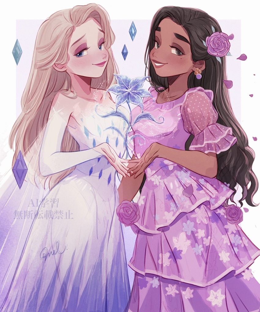 2girls black_hair blonde_hair blue_flower brown_eyes crossover dark-skinned_female dark_skin dress elsa_(frozen) encanto flower frozen_(disney) hair_flower hair_ornament highres isabela_madrigal long_hair melchencanto multiple_girls purple_dress purple_flower purple_rose rose white_dress
