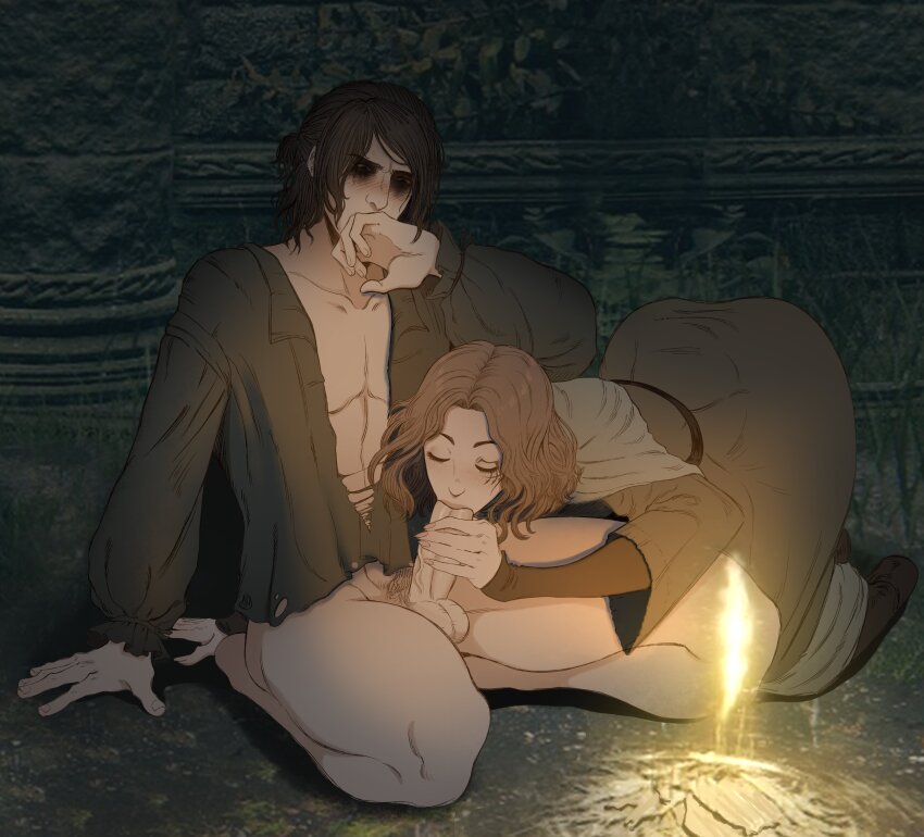 1boy 1girl absurdres black_eyeshadow black_hair blush bottomless brown_hair closed_eyes covering_own_mouth dress elden_ring eyeshadow fellatio hands_on_floor highres large_penis makeup male_pubic_hair melina_(elden_ring) oral penis peppr_n&#039;_salt prisoner_(elden_ring) pubic_hair shirt tarnished_(elden_ring) testicles torn_clothes torn_shirt