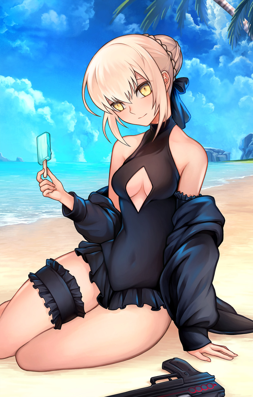 1girl artoria_pendragon_alter_(swimsuit_rider)_(fate) artoria_pendragon_alter_(swimsuit_rider)_(first_ascension)_(fate) artoria_pendragon_(fate) bad_id bad_pixiv_id bare_shoulders beach black_jacket black_one-piece_swimsuit black_ribbon blonde_hair blue_sky blush braid breasts center_opening dress_swimsuit fate/grand_order fate_(series) food french_braid gun hair_bun hair_ribbon highres honi_(ohohoni) jacket long_hair long_sleeves looking_at_viewer medium_breasts off_shoulder one-piece_swimsuit palm_tree popsicle ribbon shore sidelocks single_hair_bun sitting sky solo swimsuit thighs tree weapon yellow_eyes