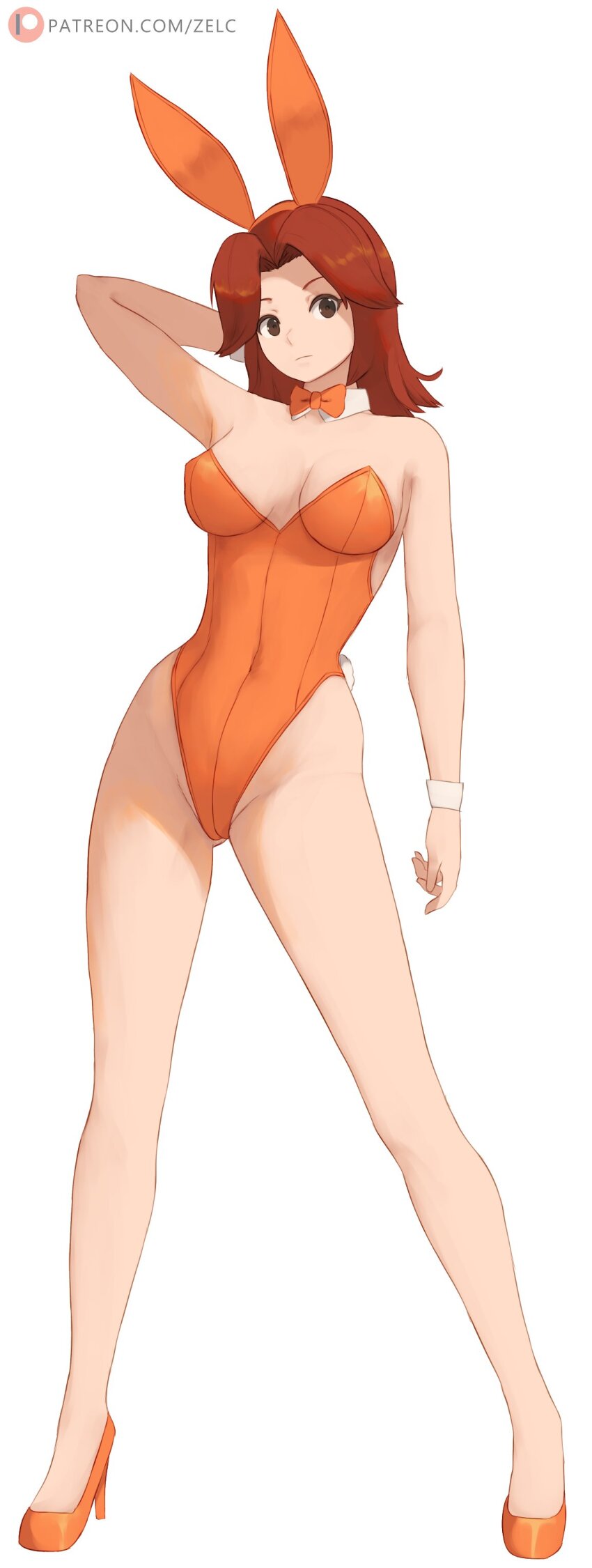 1girl absurdres alternate_costume animal_ear_hairband animal_ears arm_up bow bowtie breasts brown_hair closed_mouth commentary detached_collar english_commentary fake_animal_ears fake_tail full_body hairband high_heels highleg highleg_leotard highres legs leotard long_hair looking_at_viewer medium_breasts mii_(nintendo) mii_gunner mii_gunner_(smash_4) nintendo orange_leotard patreon_logo patreon_username playboy_bunny rabbit_ear_hairband rabbit_ears rabbit_tail solo strapless strapless_leotard super_smash_bros. tail traditional_bowtie watermark web_address white_background wrist_cuffs zelc-face
