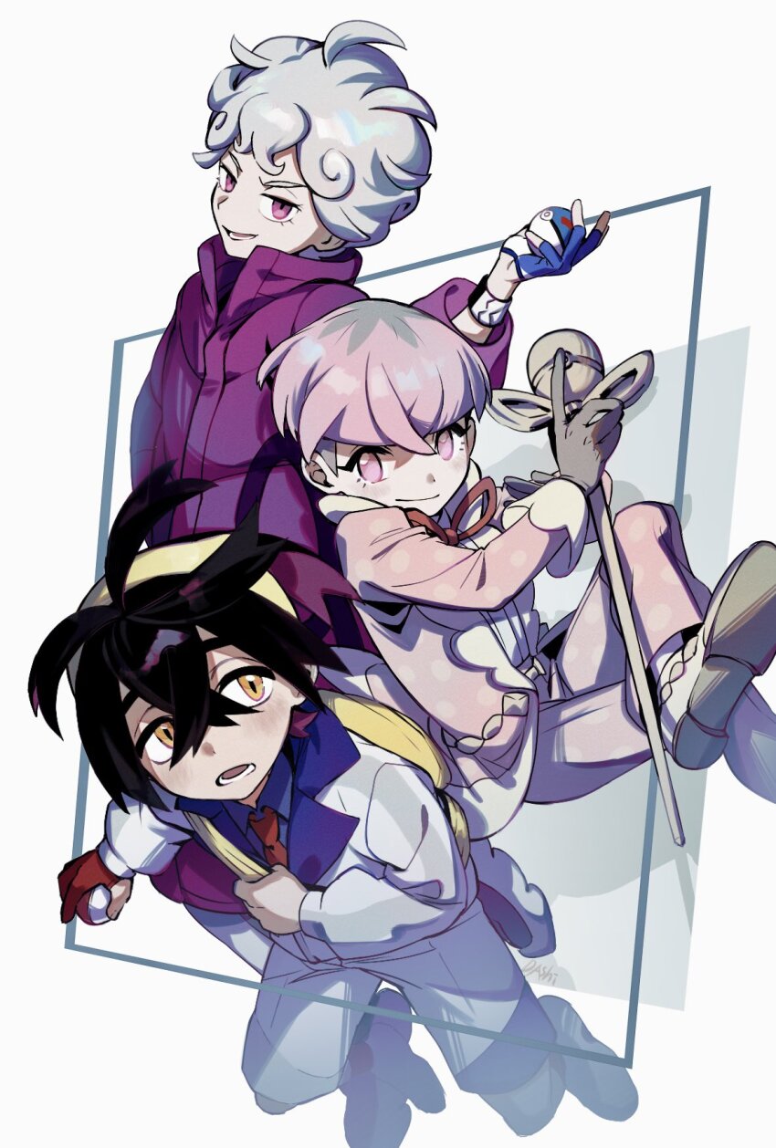 3boys bede_(pokemon) black_hair blue_gloves blueberry_academy_school_uniform closed_mouth coat collared_shirt crossed_bangs fingerless_gloves gloves great_ball grey_hair hair_between_eyes highres holding holding_poke_ball ieiieiiei jacket kieran_(pokemon) long_sleeves looking_at_viewer male_focus multicolored_hair multiple_boys necktie nintendo open_mouth orange_eyes ortega_(pokemon) pants partially_fingerless_gloves pink_eyes pink_hair poke_ball pokemon pokemon_sv pokemon_swsh purple_hair red_gloves red_necktie school_uniform shirt shoes simple_background single_glove