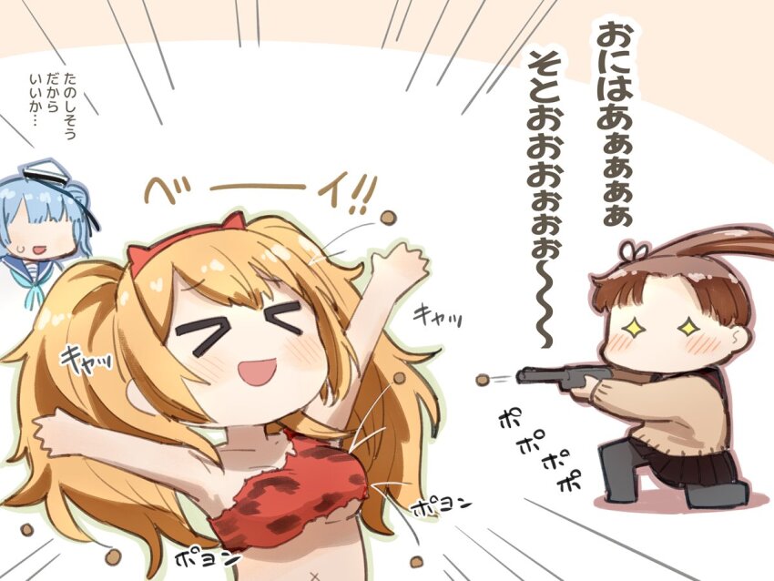 &gt;_&lt; 3girls animal_ears arms_up ayanami_(kancolle) ayanami_kai_ni_(kancolle) beans black_skirt blonde_hair blush breasts brown_hair chibi closed_eyes commentary_request dixie_cup_hat fake_animal_ears firing gambier_bay_(kancolle) gun hat holding holding_gun holding_weapon kantai_collection kirigaya_yuuji long_hair military_hat multiple_girls on_one_knee open_mouth pleated_skirt sailor_collar samuel_b._roberts_(kancolle) school_uniform serafuku setsubun side_ponytail simple_background single_strap skirt sweat translation_request twintails weapon white_hat x_navel