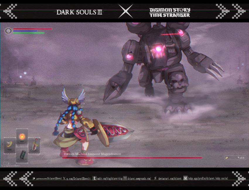1girl absurdres battle black_shorts blue_hair braid character_name copyright_name dark_souls_(series) dark_souls_iii dclaret digimon digimon_(creature) digimon_story:_time_stranger dual_wielding fog gameplay_mechanics glowing health_bar helmet highres holding holding_shield holding_sword holding_weapon minervamon monster_energy mugendramon non-humanoid_robot robot robot_dragon shield shorts standing sword twin_braids weapon winged_helmet