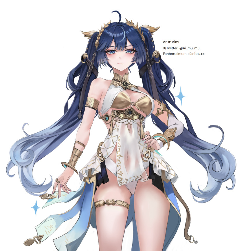 1girl ahoge aimu_(angry9565) ancient_greek_clothes armlet artist_name bare_shoulders blue_eyes blue_hair breasts closed_mouth commentary cowboy_shot fingernails gold_bra greco-roman_clothes hair_belt hair_ornament hand_on_own_hip head_wreath highres iuno_(wuthering_waves) jewelry long_hair looking_at_viewer medium_breasts nail_polish purple_nails simple_background solo thighs twintails very_long_hair white_background wuthering_waves