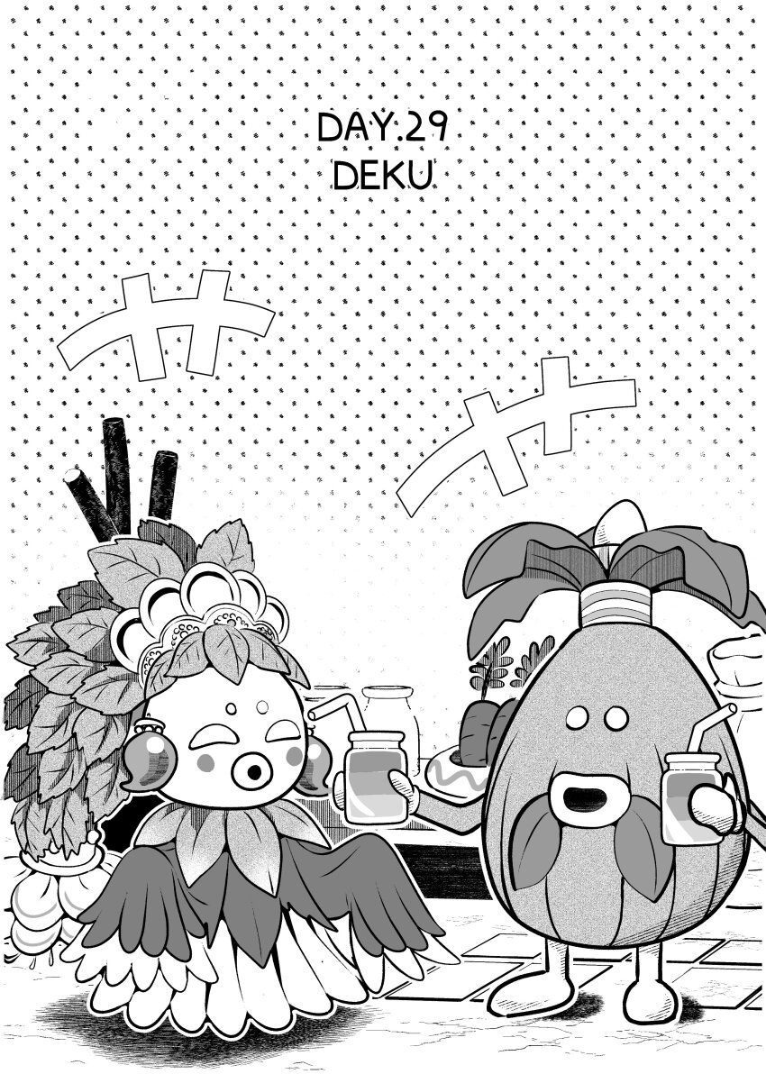 1boy 1girl ^^^ absurdres blush_stickers bottle business_scrub carrot cup deku_princess deku_scrub drinking_glass earrings facial_hair full_body greyscale highres holding holding_bottle jewelry leaf monochrome mustache nintendo ponytail table the_legend_of_zelda the_legend_of_zelda:_echoes_of_wisdom the_legend_of_zelda:_majora&#039;s_mask tiara
